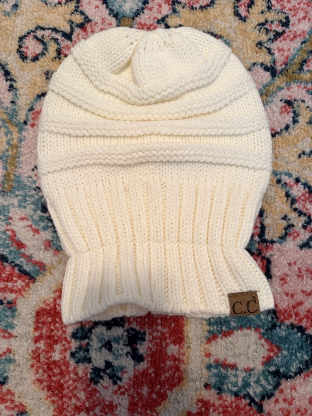 C.C Cream Ribbed Knit Beanie with Logo Patch